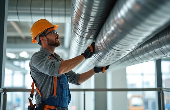 HVAC technician installs commercial HVAC system. Male worker with beard, glasses in protective uniform, helmet. Industrial building warehouse. Ventilation, cooling, heating system installation work.