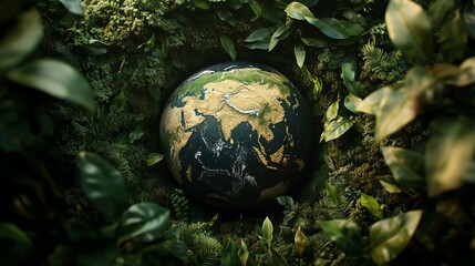 Earth Globe Surrounded by Lush Green Tropical Foliage Vibrant Nature Background Eco Friendly Planet Sustainable Environment  Digital Art Illustration  High Resolution Image Perfect for Website Banner 