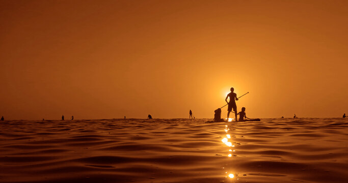 black silhouette of group team figures swimming on a sup paddle board on horizon in summer. people rowing. boarding on sea at yellow orange sunset dawn Summer healthy hobby. Holiday maker Slow motion