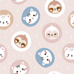 Fototapeta premium Cute Pastel Animals seamless pattern. Childish Cartoon Animal Background. Cute Cartoon cat, bear, and sloth. design for background, wallpaper, fabric, textile and more. Vector Illustration