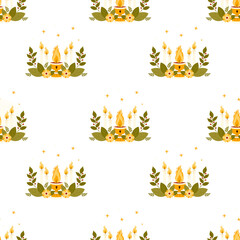 Religion Seamless Pattern. Church Chalice with Fire, burning Candles. Sacred Flame