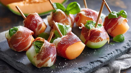 Delicious prosciutto wrapped melon bites with fresh basil on stone slab, perfect for appetizers or party snacks, offering delightful blend of flavors