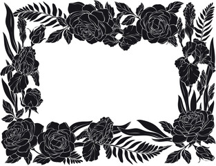 A l Black silhouette vector illustration of a floral frame made of roses, irises, and leaves, elegantly arranged around a white background