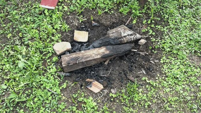 Restos de madera quemada en el bosque para fogata