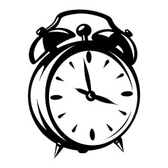 Black and white illustration of a vintage alarm clock with bells