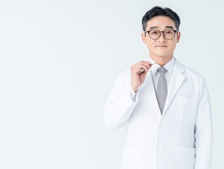 Doctor in white coat, serious expression