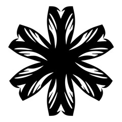Six pointed symmetrical flower in a black and white botanical pattern