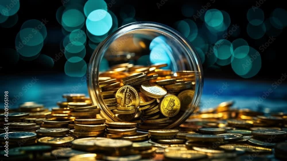 Poster Golden Treasure Trove: Glimmering gold coins overflow from a transparent jar, spilling onto a surface of prosperity and wealth in this enticing macro shot.