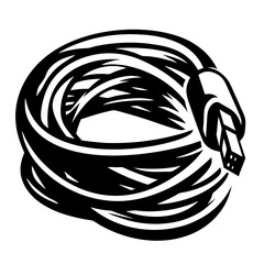 Black and White Coiled Cord with Connector, Modernist Illustration, Isolated