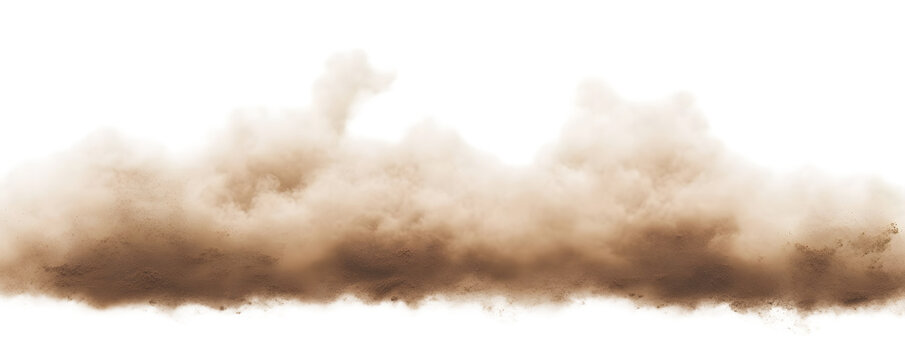 Dust sand soil smoke cloud particles isolated on transparent white background. Brown sandstorm smog sand dust explosion rising. Design elements for Compositing, covering, overlay, PNG