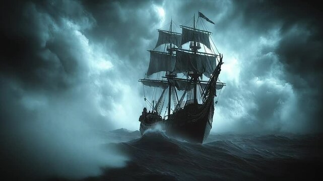 Ghost Ship in a Tempestuous Sea: A Dark and Dramatic Seascape
