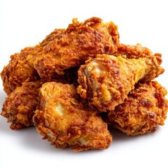 Pile of crispy fried chicken pieces on white background