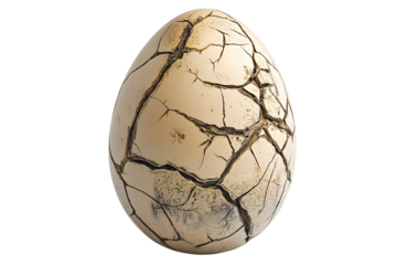 Large cracked dinosaur chicken egg with textured surface and detailed fractures, isolated on white transparent background. Concept of prehistoric life and hatching