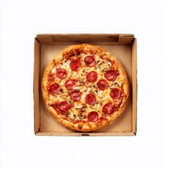 Pepperoni pizza in box, top view on white background