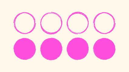 Circle border set combining stamp brush and child scribble styles. Grungy paint strokes and pastel sketch lines. Hand drawn mixed textures. Vector format