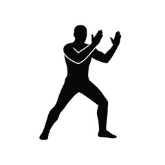 Silhouette Of A Fighter In Defensive Stance Against White Background Vector
