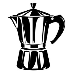 A sleek black and white illustration of a Moka pot coffee maker