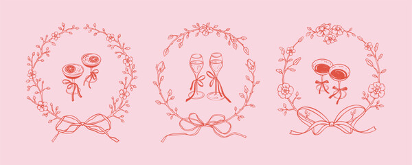 Set of filigree victorian style bar menu designs. Hand drawn doodle vector illustration. Wedding invitation, bachelorette party, birthday and Valentines day cards. Pink cute coquette girly drawing