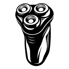Stylized illustration of a threehead electric shaver in black and white