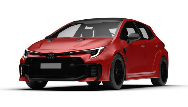 Front left side view of red Toyota Corolla GR 2025 model with transparent background.