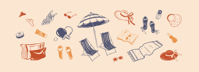Hand drawn doodle summer beach design elements. Coastal sketch background. Coquette style seaside bachelorette gils party. Ambrella, bikini, sunglasses drawing. Italian, French, Greece vacations