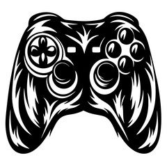 Monochrome vector drawing of a game controller with swirling decorative elements