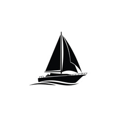 Elegant Black Silhouette Of A Sailing Yacht On Water Against White Background