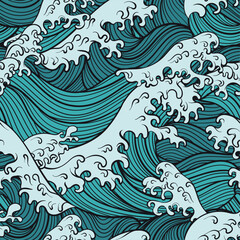 A seamless vector pattern illustration featuring decorative sea waves with foamy crests