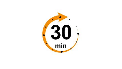 30 minute timer symbol, isolated on transparent white background with alpha channel. 30 min time circle icon .Animation timer icon with 30 min. Clock, stopwatch, cooking time label ,arrow orange color