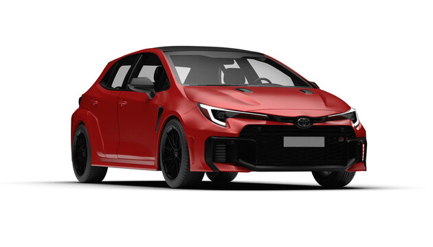 Front right side view of red Toyota Corolla GR 2025 model isolated on transparent background.