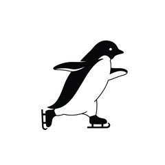 Cute Penguin Ice Skating Simple Black And White Line Art Graphic