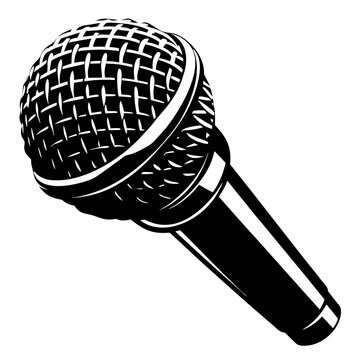 A classic microphone illustration with a retro feel and strong black shapes