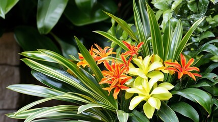 Obraz premium Tropical flowers arrangement, vibrant blooms, lush foliage, garden backdrop, website design