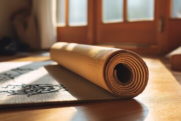 Rolled Yoga Mat on Studio Floor in Warm Sunlight for Exercise and Wellness