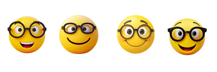 Set of yellow emoji with black glasses on transparent background.