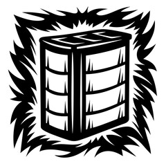 Illustration of a bookshelf surrounded by spiky and aggressive flames in black and white