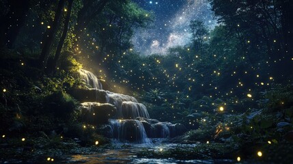 Enchanted cascade under starry sky, illuminated by magical fireflies