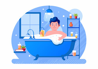 Obraz premium A person taking a relaxing bath image. Cartoon style. Vector illustration.