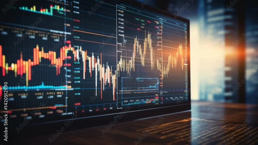 Poster Financial Market Analysis: An illuminated computer screen displays real-time stock market data and financial graphs, hinting at the dynamic and complex nature of the financial world.