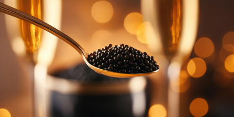 Black caviar in a golden spoon on the background of a champagne glass. A luxurious treat and a symbol of an exquisite holiday. Elegance, taste and gastronomic pleasure in every detail.