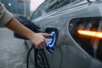 Electric car charging close-up with illuminated plug connection and hand gripping the charger near a building.