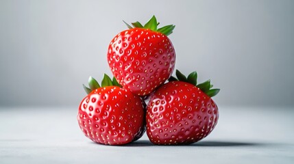 Three ripe strawberries stacked on top of each other, close-up view on a light grey background, and fresh and vibrant red fruit composition.