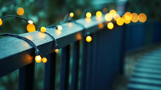 Evening string lights on railing, blurred background.  Possible use stock photo for holiday or outdoor living
