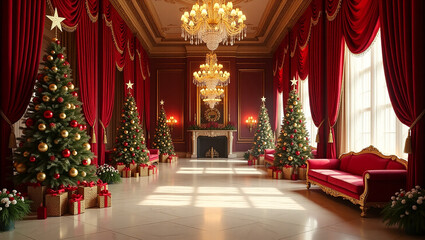 Fototapeta premium A regal Christmas scene unfolds in a grand ballroom, adorned with majestic red curtains, shimmering chandeliers, and several elegantly decorated Christmas trees, bathed in soft sunlight.