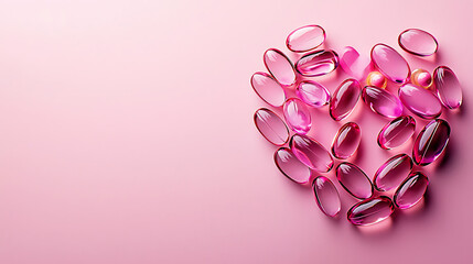 Fototapeta premium Pink gel capsules and round beads form a heart shape on a soft pink background suggesting health or love.