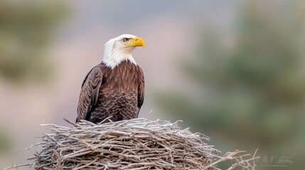 Majestic bald eagle perched atop a nest