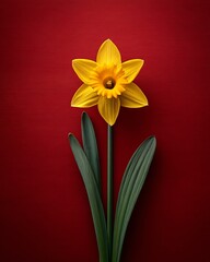 Fototapeta premium Single yellow daffodil flower on red background