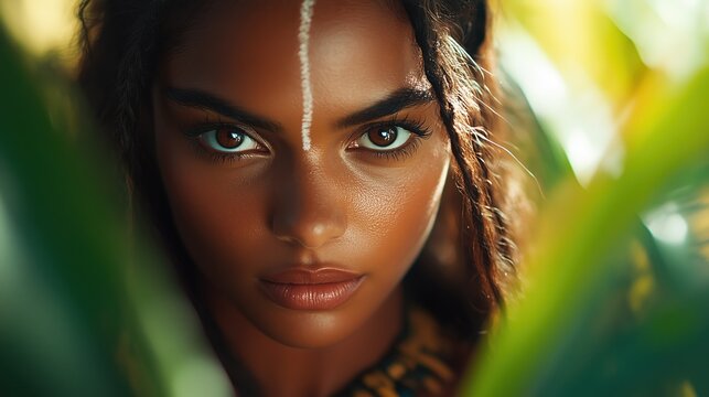 Young woman from an uncontacted tribe, featuring exquisite ethnic face paint, amidst tropical plants