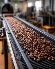 Coffee Beans on Production Line in Roastery