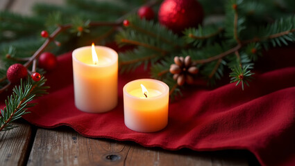 Two glowing candles create a warm, peaceful Christmas Eve ambiance on a rich red tablecloth, nestled amongst evergreen boughs and festive red ornaments.
